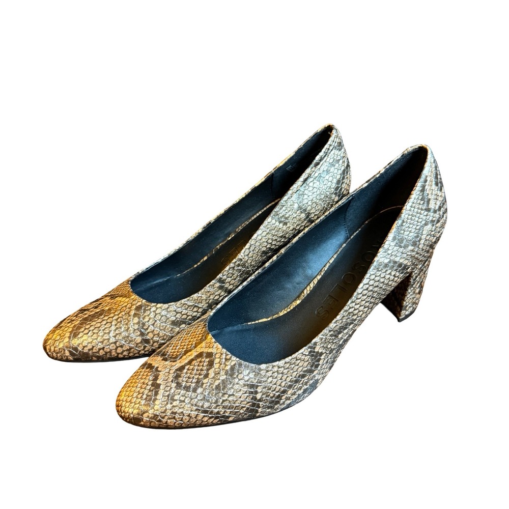 Aerosoles Womens 11 Gold Snakeskin Embossed Pointed Toe Block Heel Pumps Shoes